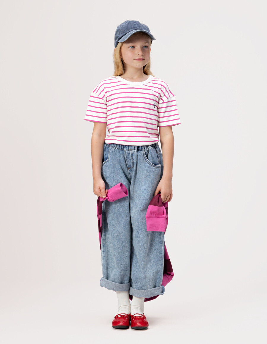 camiseta marinera de algodón orgánico para niña con rayas rosas