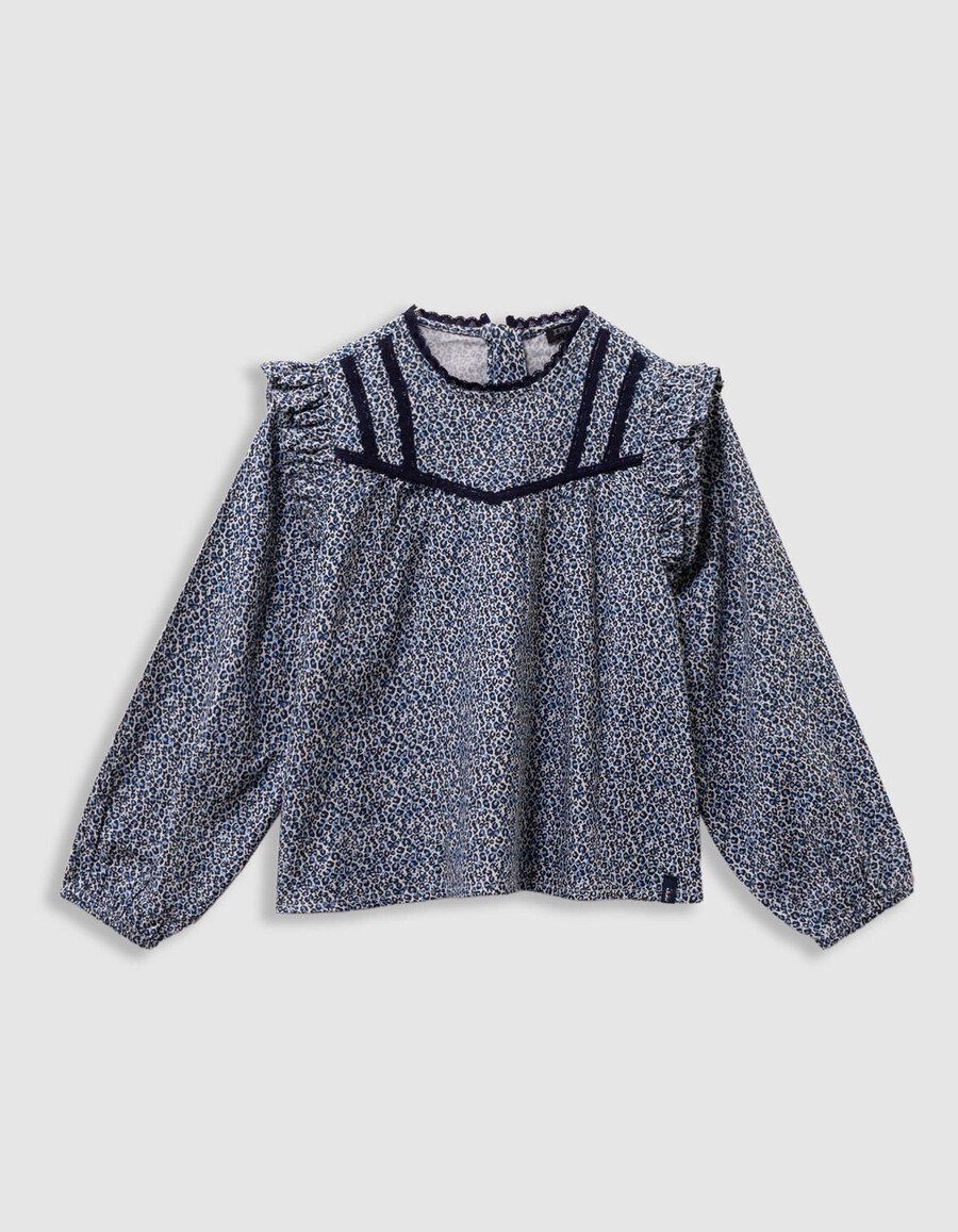 blusa azul marino para niña con estampado de lazo de leopardo