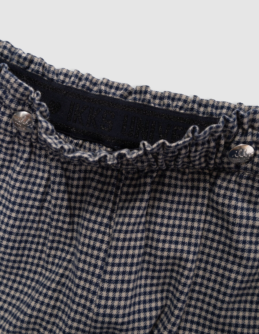 pantalones de cuadros vichy azul marino con volantes para niña