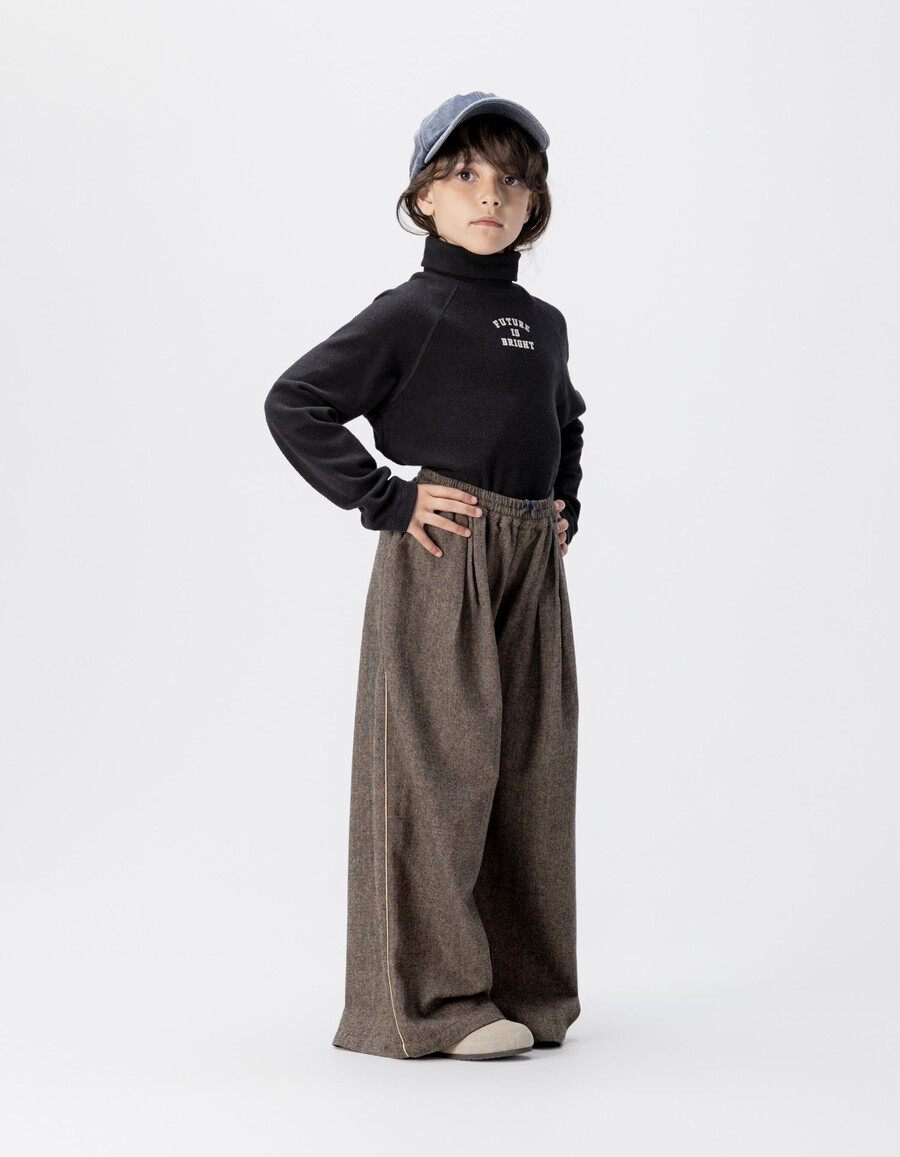 pantalones anchos de franela marrón jaspeada para niña