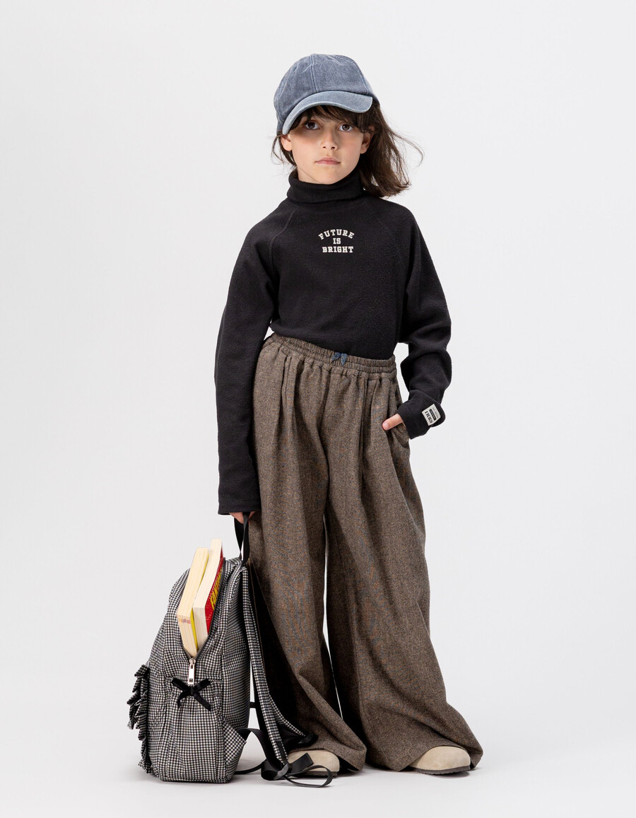 pantalones anchos de franela marrón jaspeada para niña