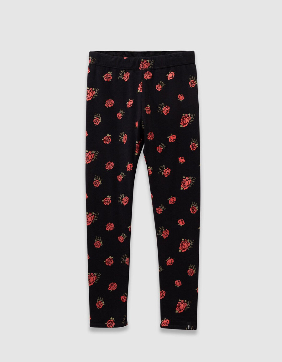 leggings reversibles de terciopelo negro y estampado de rosas para niña