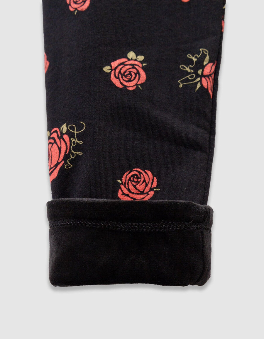 leggings reversibles de terciopelo negro y estampado de rosas para niña