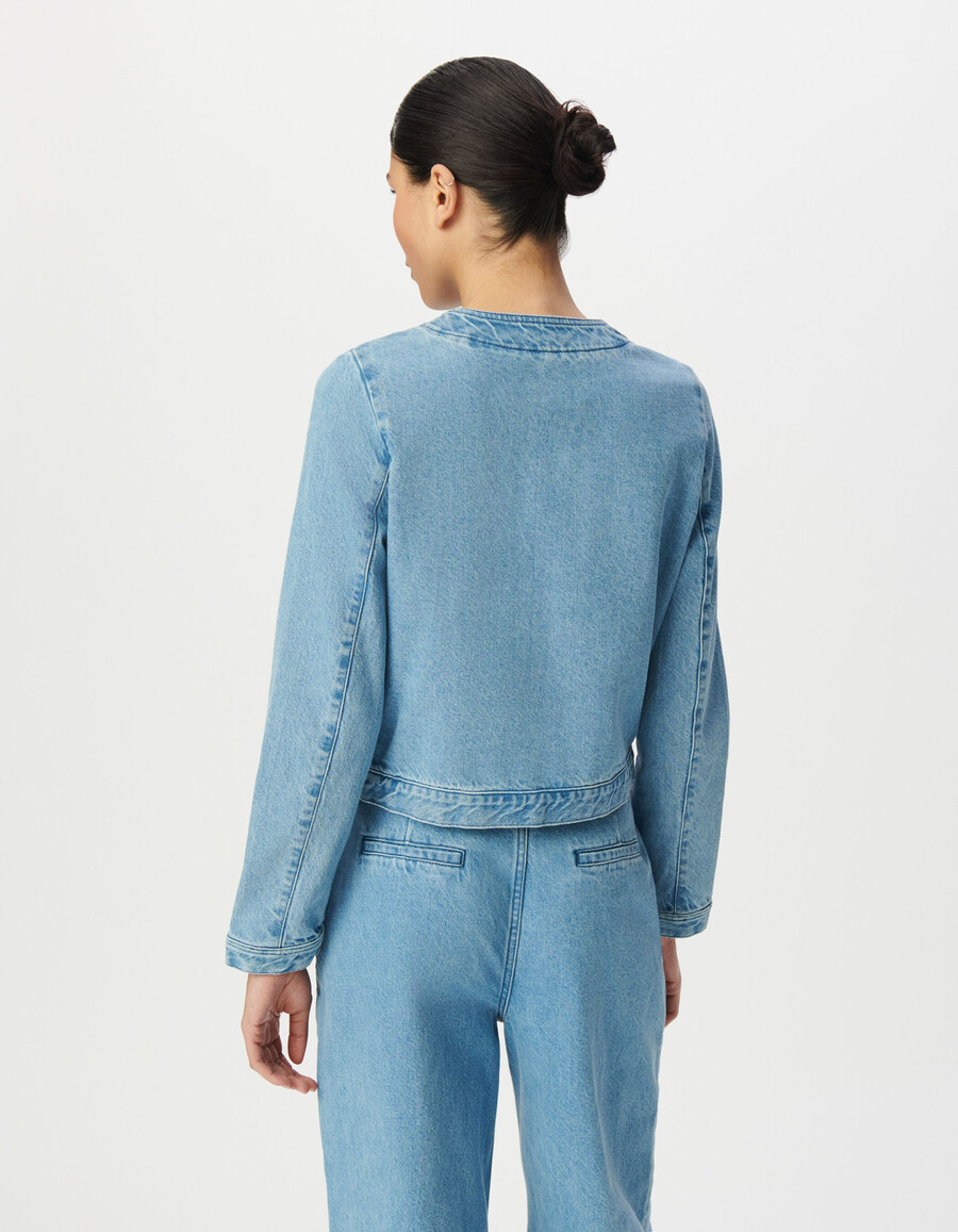 chaqueta vaquera azul sin cuello para mujer