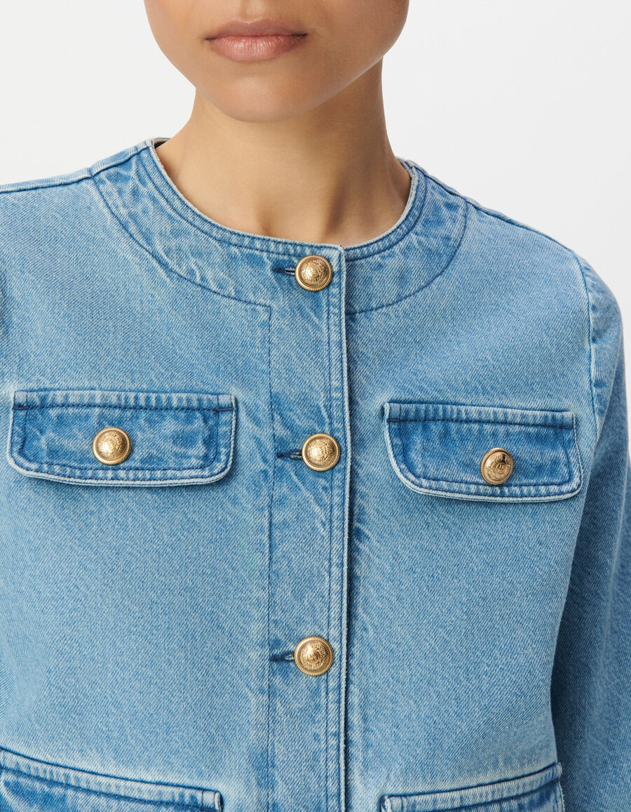 chaqueta vaquera azul sin cuello para mujer