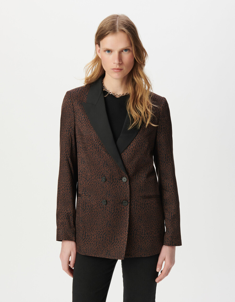 chaqueta de traje marrón para mujer con estampado de leopardo