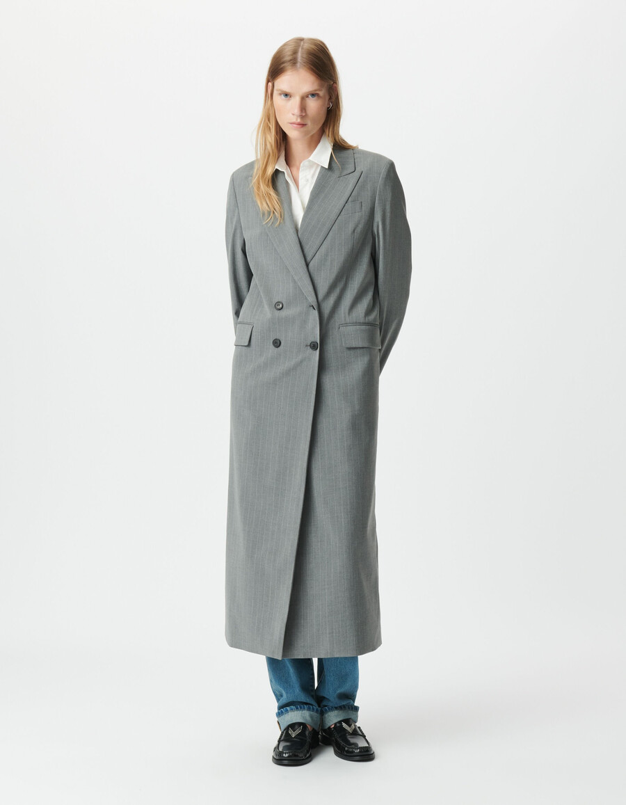 chaqueta de traje larga de raya diplomática gris para mujer