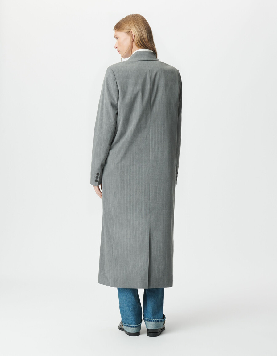 chaqueta de traje larga de raya diplomática gris para mujer