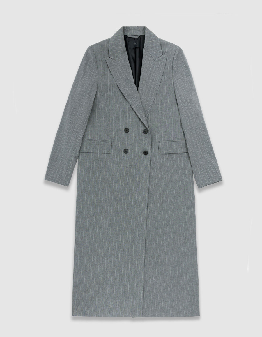 chaqueta de traje larga de raya diplomática gris para mujer