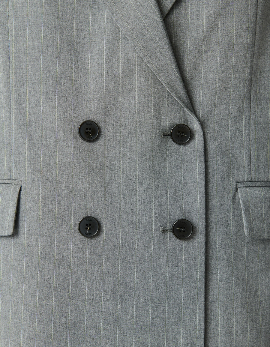 chaqueta de traje larga de raya diplomática gris para mujer