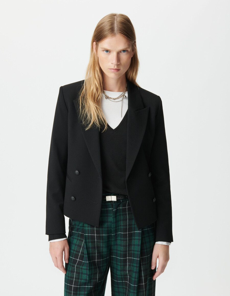 chaqueta corta negra cruzada para mujer