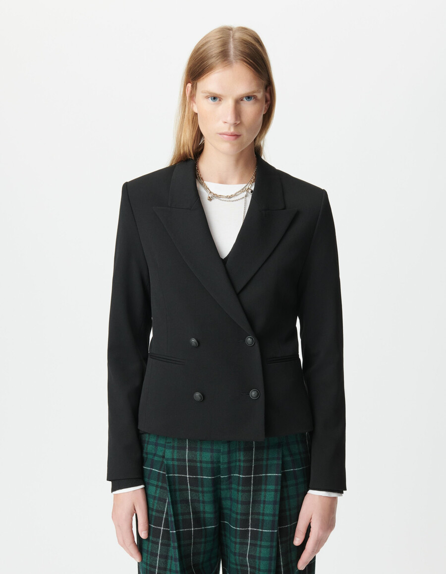 chaqueta corta negra cruzada para mujer