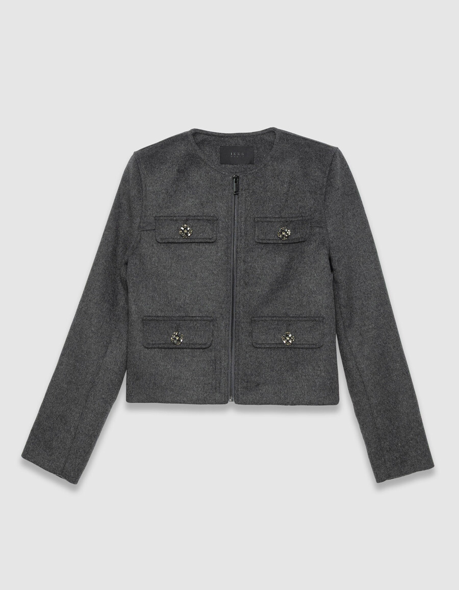 chaqueta de lana gris con botones de strass para mujer