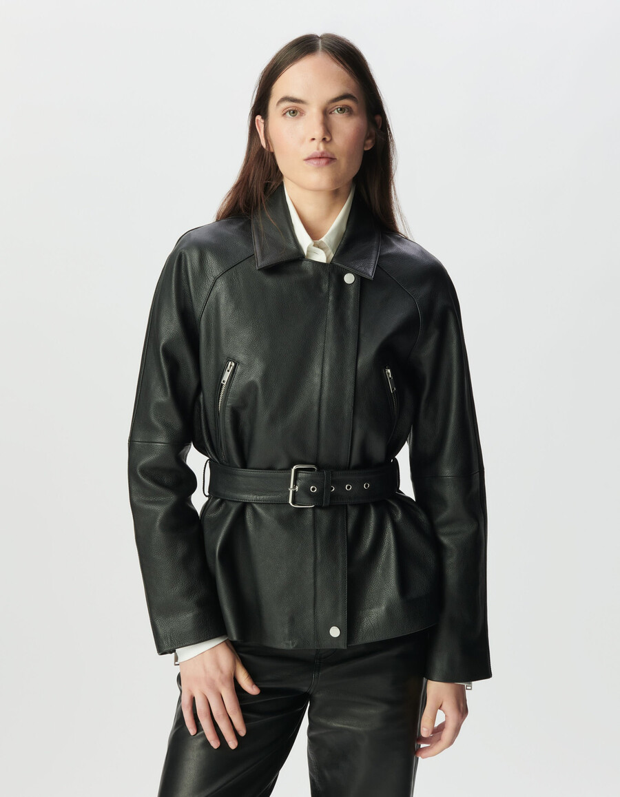 chaqueta biker extragrande de piel granulada negra para mujer