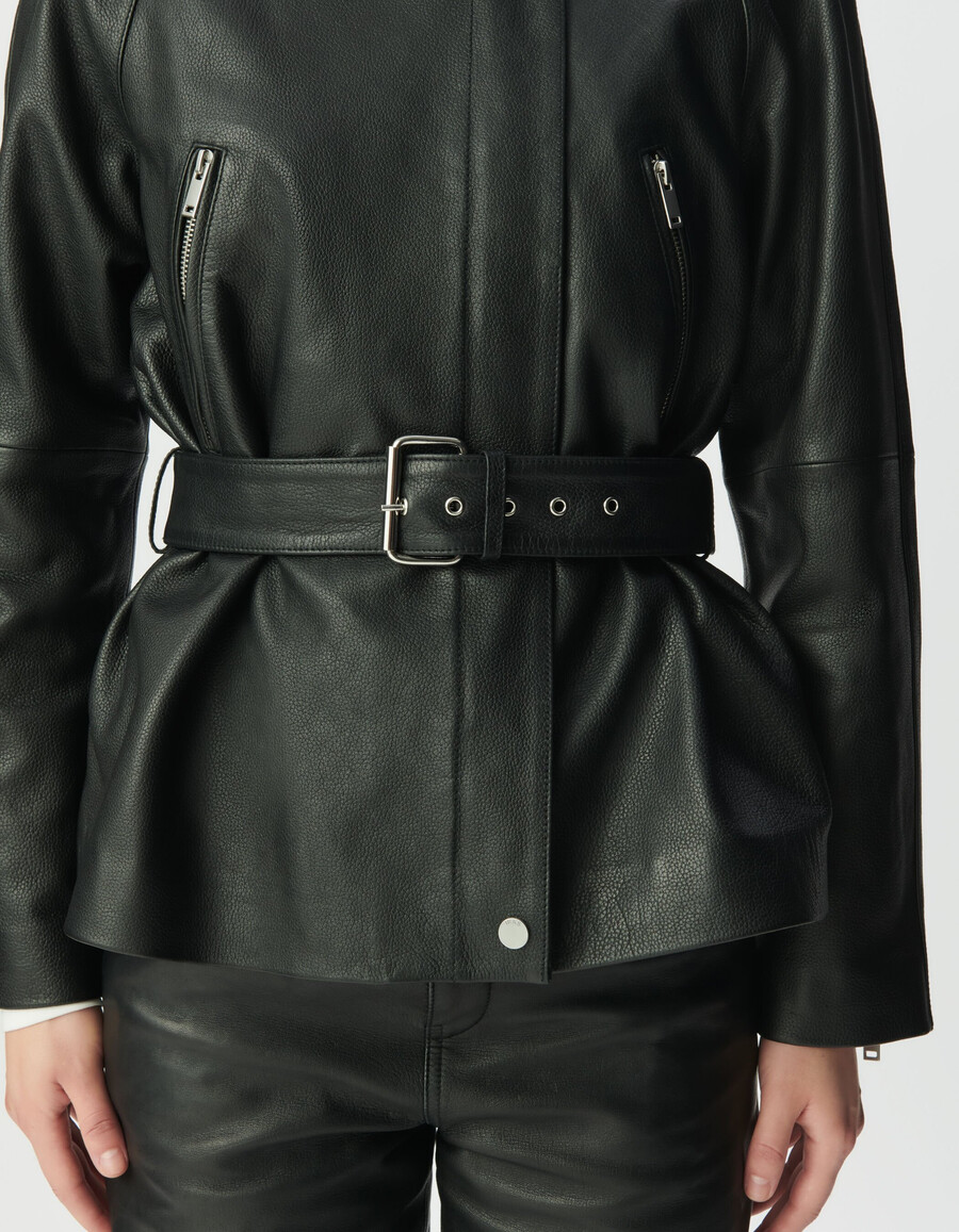chaqueta biker extragrande de piel granulada negra para mujer