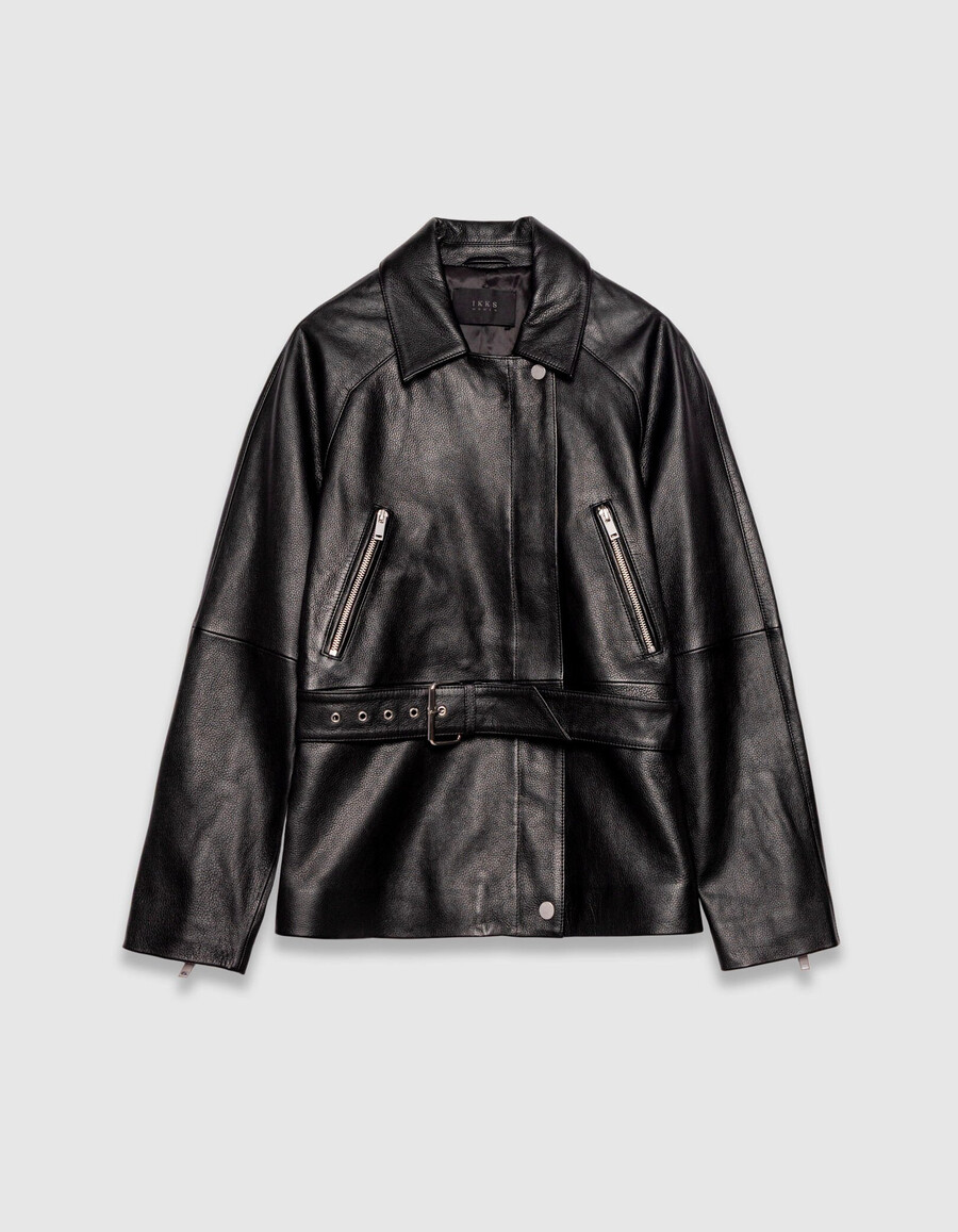 chaqueta biker extragrande de piel granulada negra para mujer
