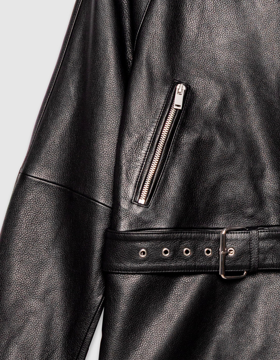 chaqueta biker extragrande de piel granulada negra para mujer