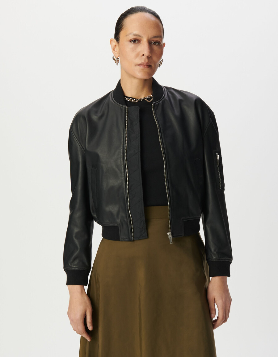 chaqueta bomber oversize de cuero negro para mujer