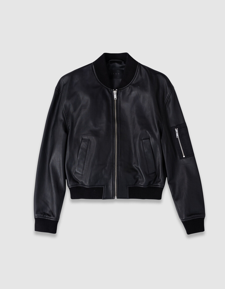 chaqueta bomber oversize de cuero negro para mujer