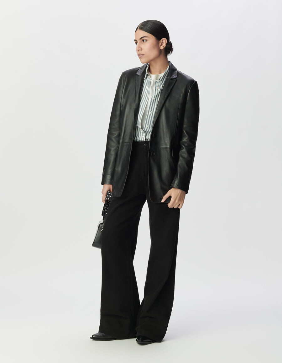 chaqueta de traje oversize de cuero negro para mujer