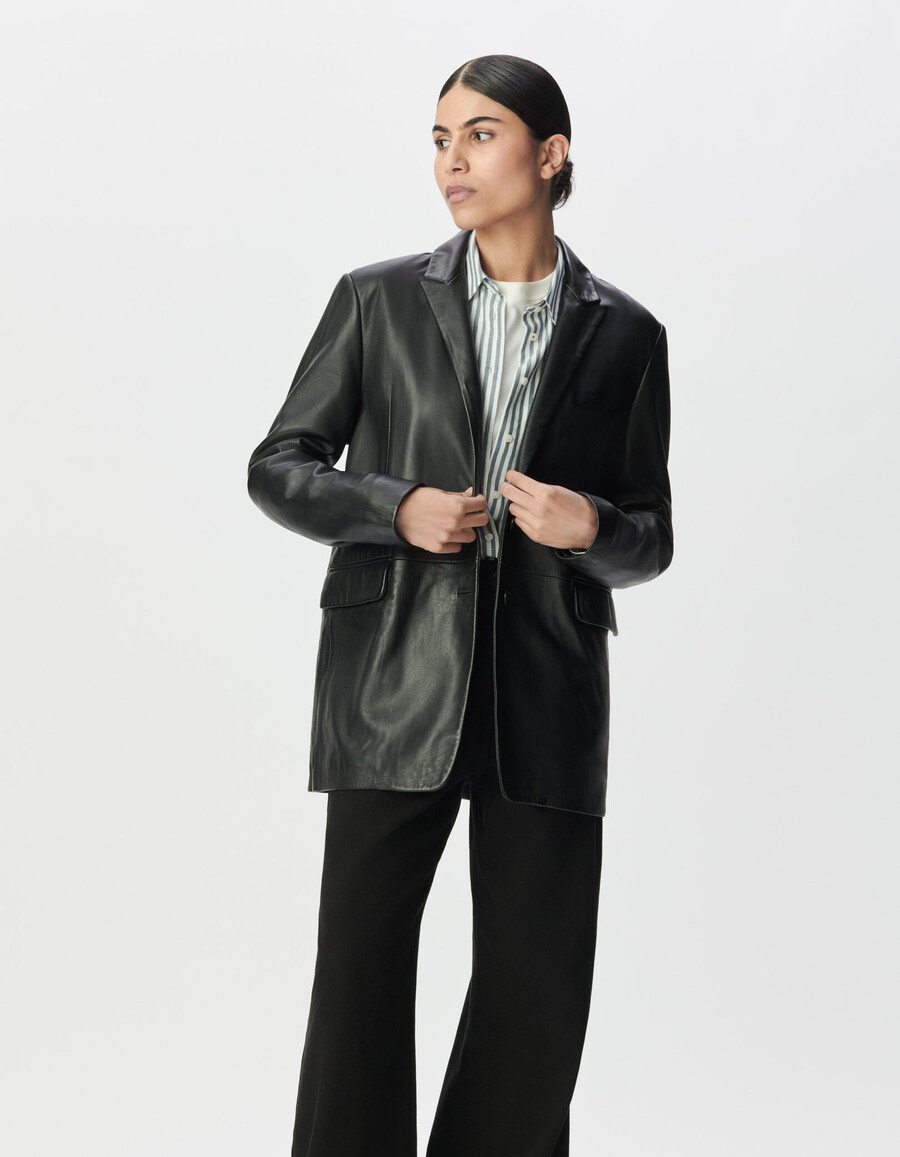 chaqueta de traje oversize de cuero negro para mujer