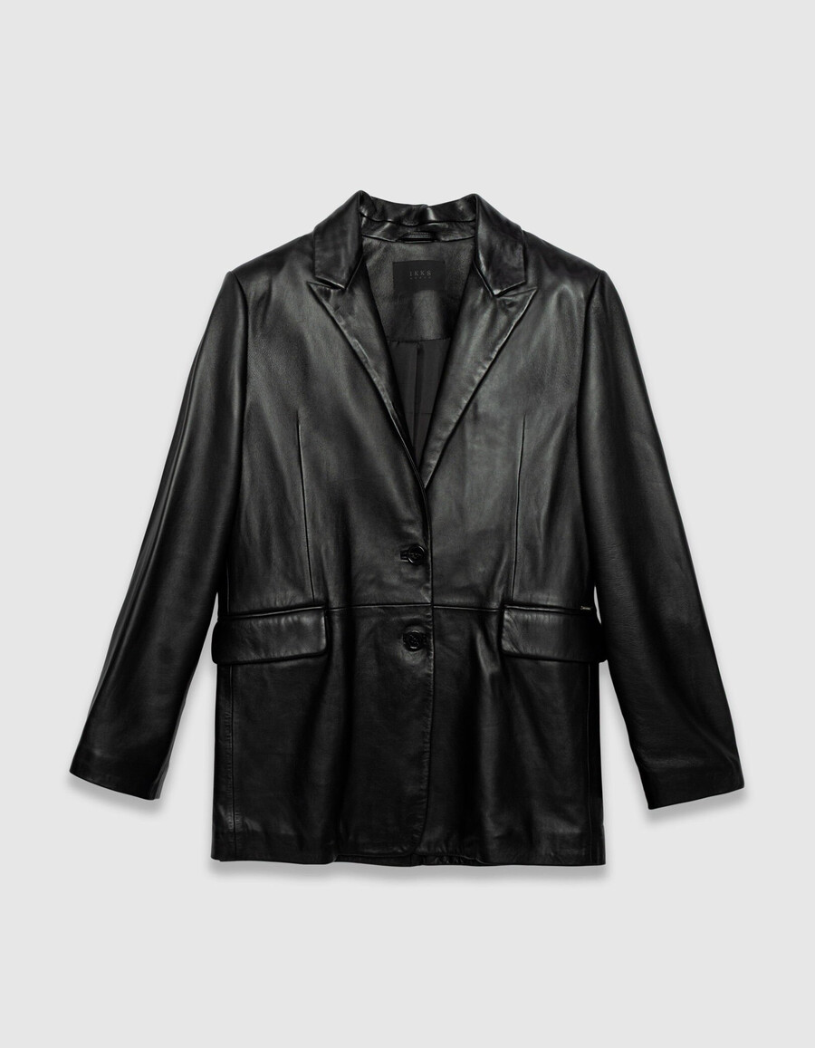 chaqueta de traje oversize de cuero negro para mujer