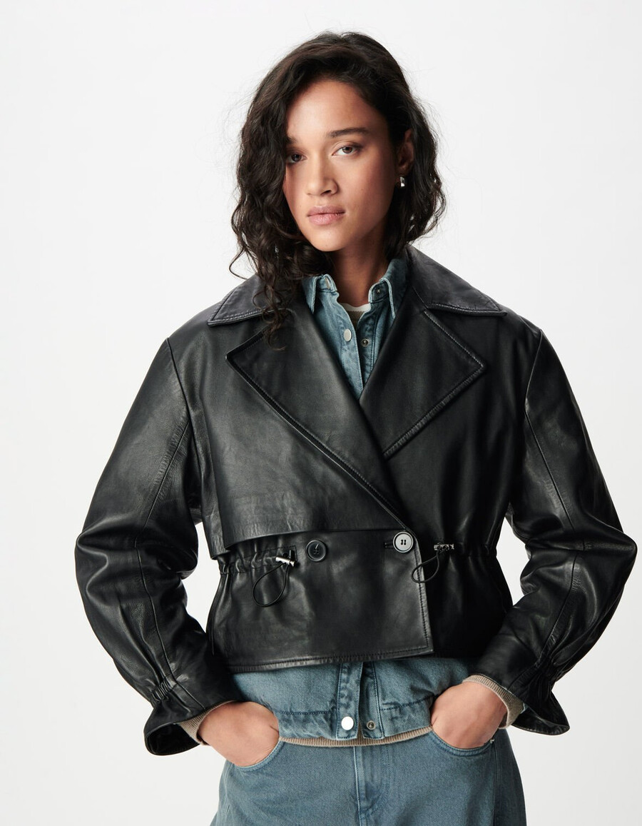 chaqueta de cuero negra de gran tamaño para mujer