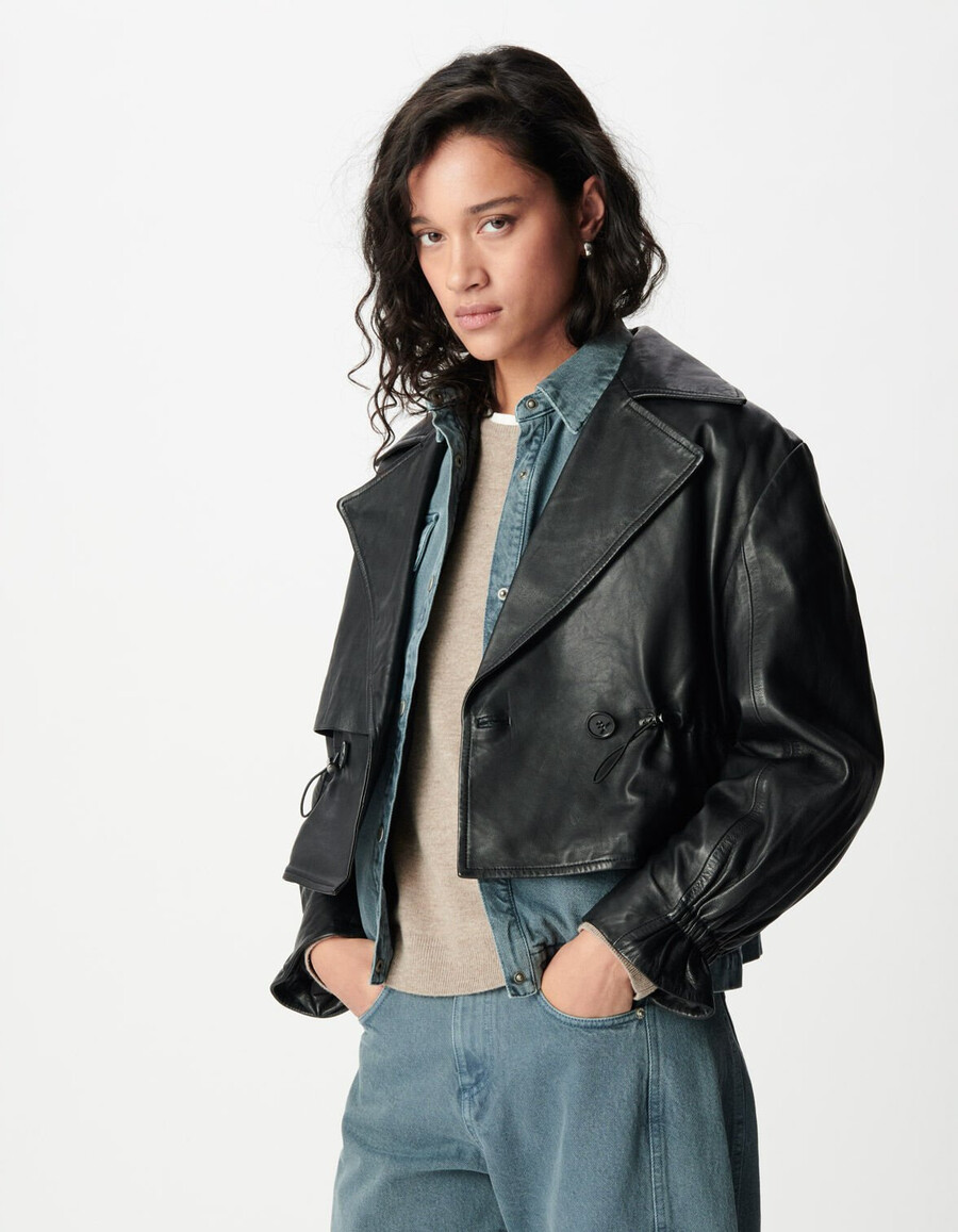 chaqueta de cuero negra de gran tamaño para mujer