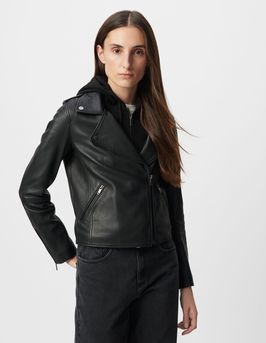 chaqueta de motociclista de cuero negro para mujer con capucha desmontable