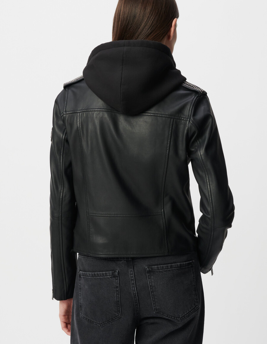 chaqueta de motociclista de cuero negro para mujer con capucha desmontable