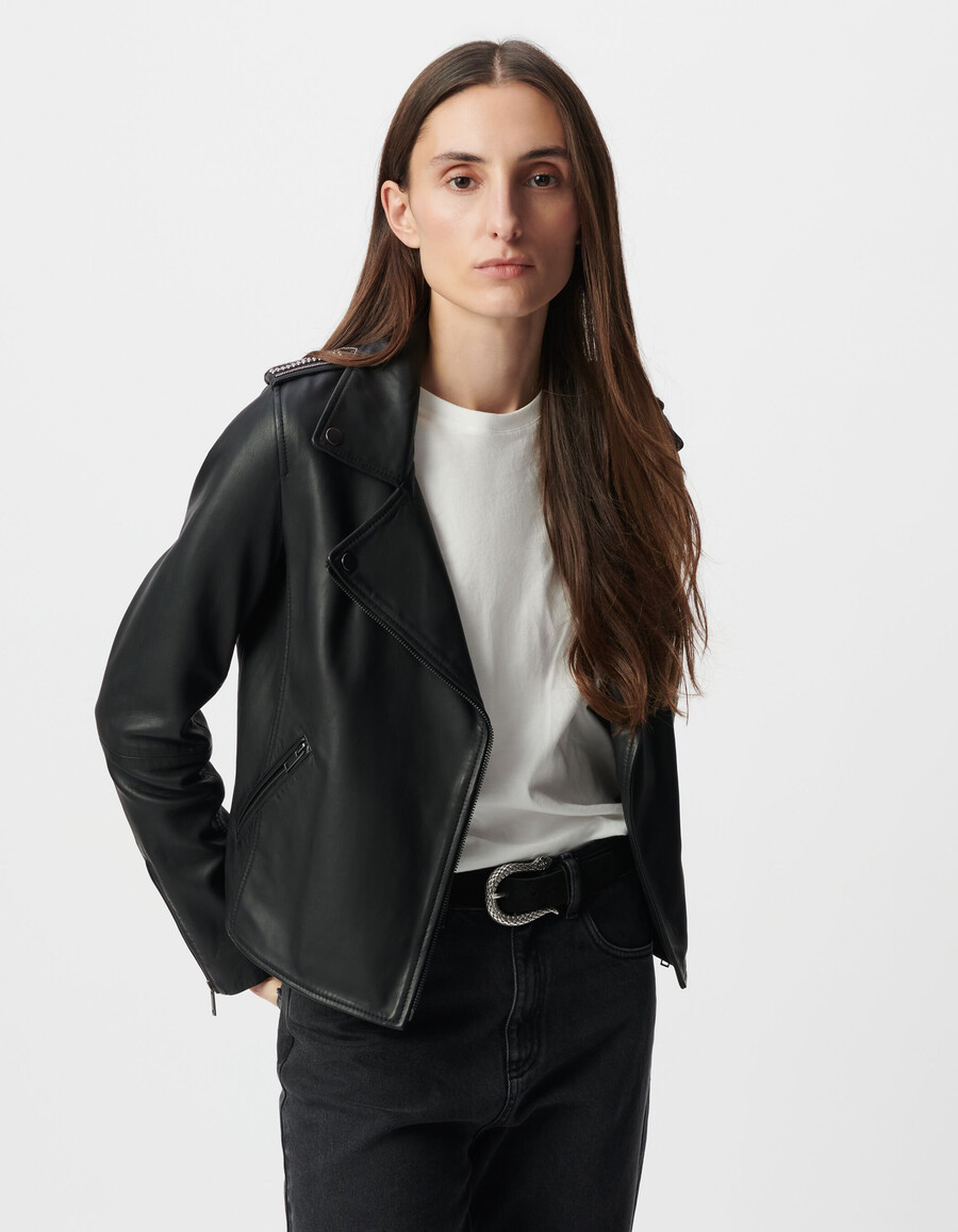 chaqueta de motociclista de cuero negro para mujer con capucha desmontable
