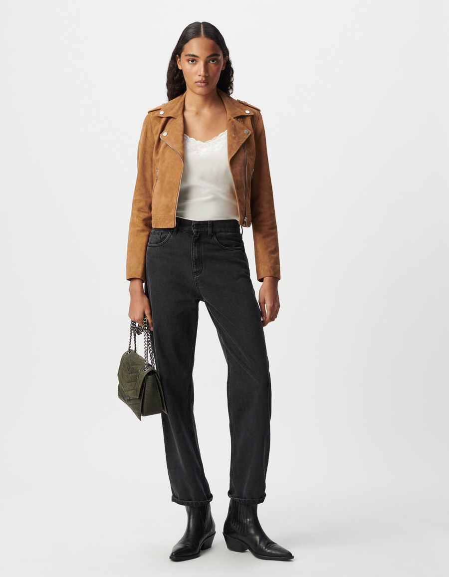 chaqueta biker de terciopelo y piel de camello para mujer