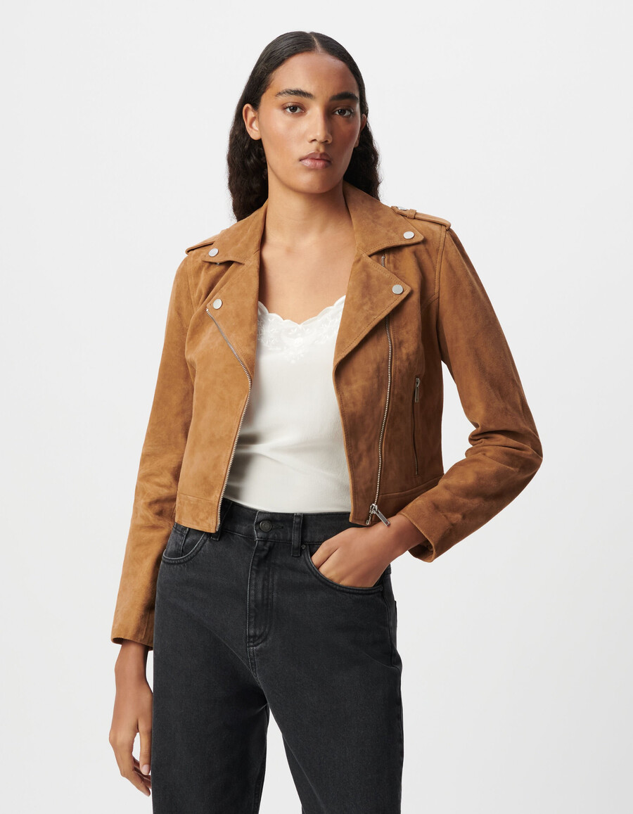 chaqueta biker de terciopelo y piel de camello para mujer