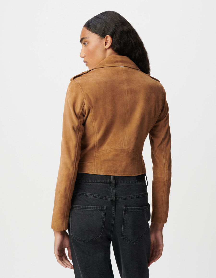 chaqueta biker de terciopelo y piel de camello para mujer