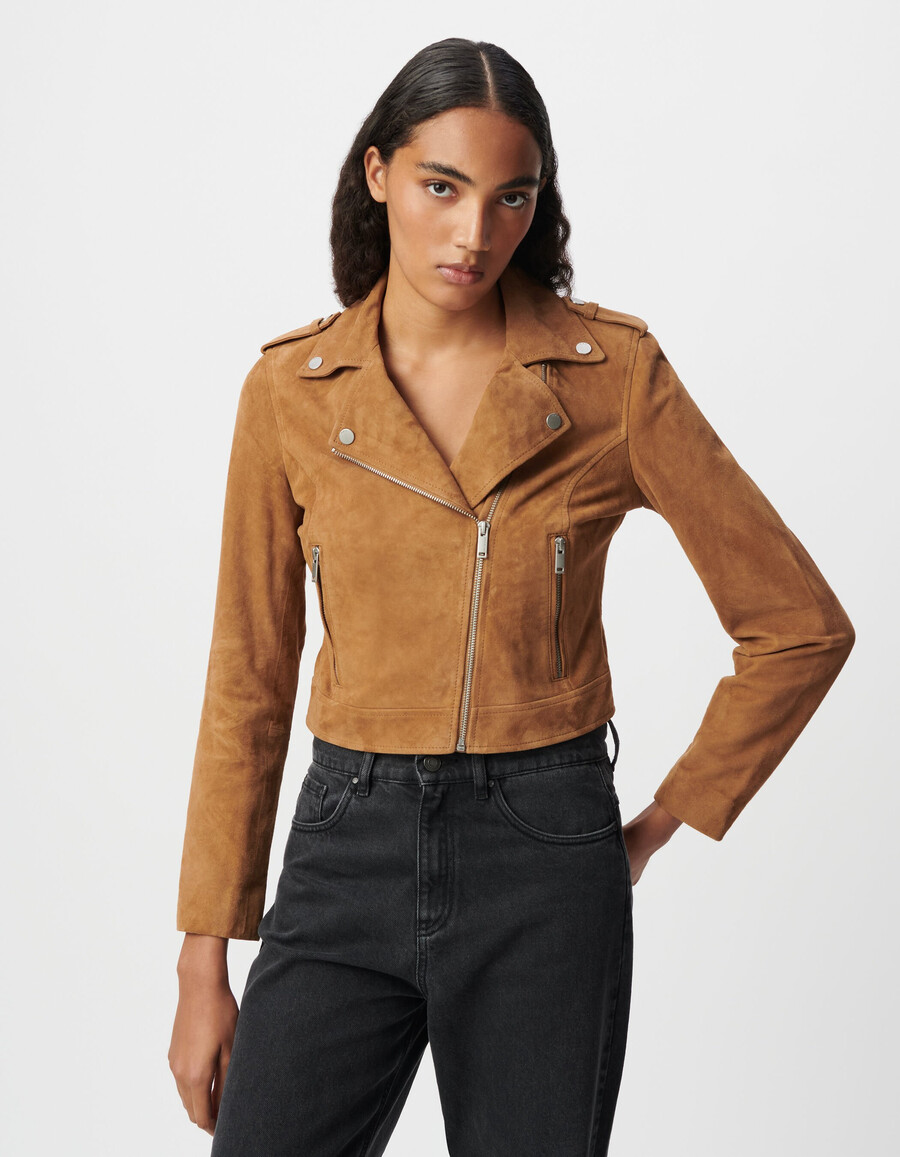 chaqueta biker de terciopelo y piel de camello para mujer