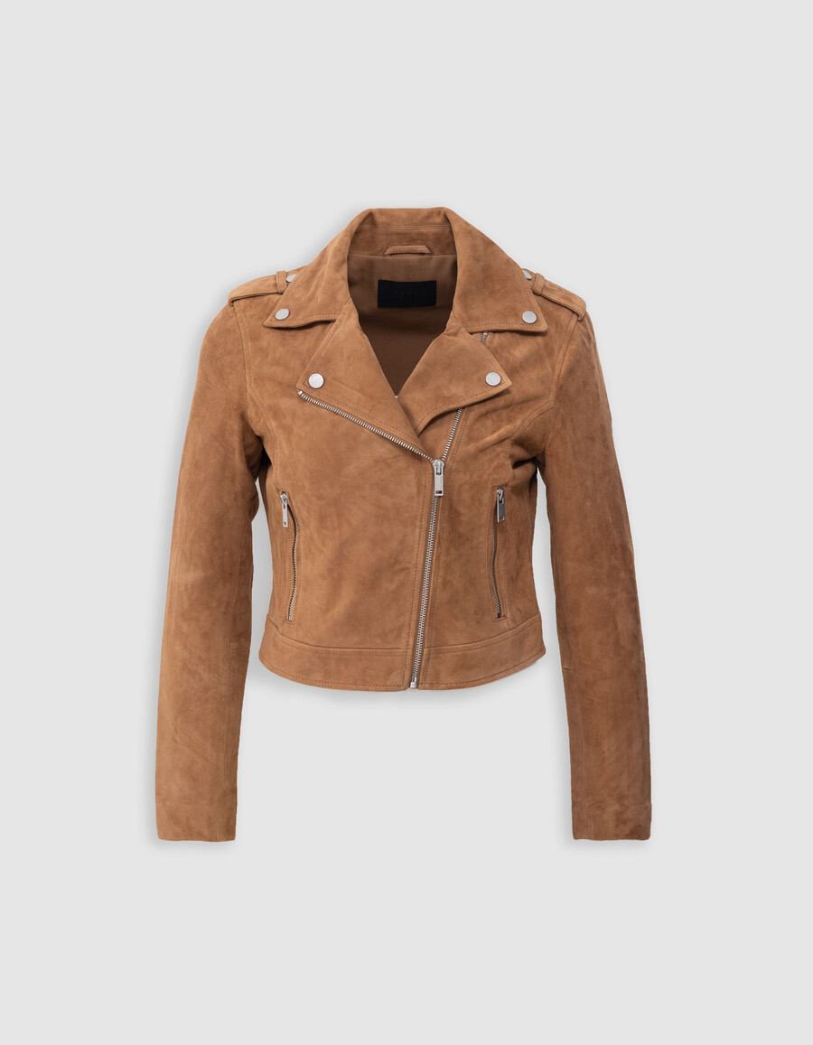 chaqueta biker de terciopelo y piel de camello para mujer