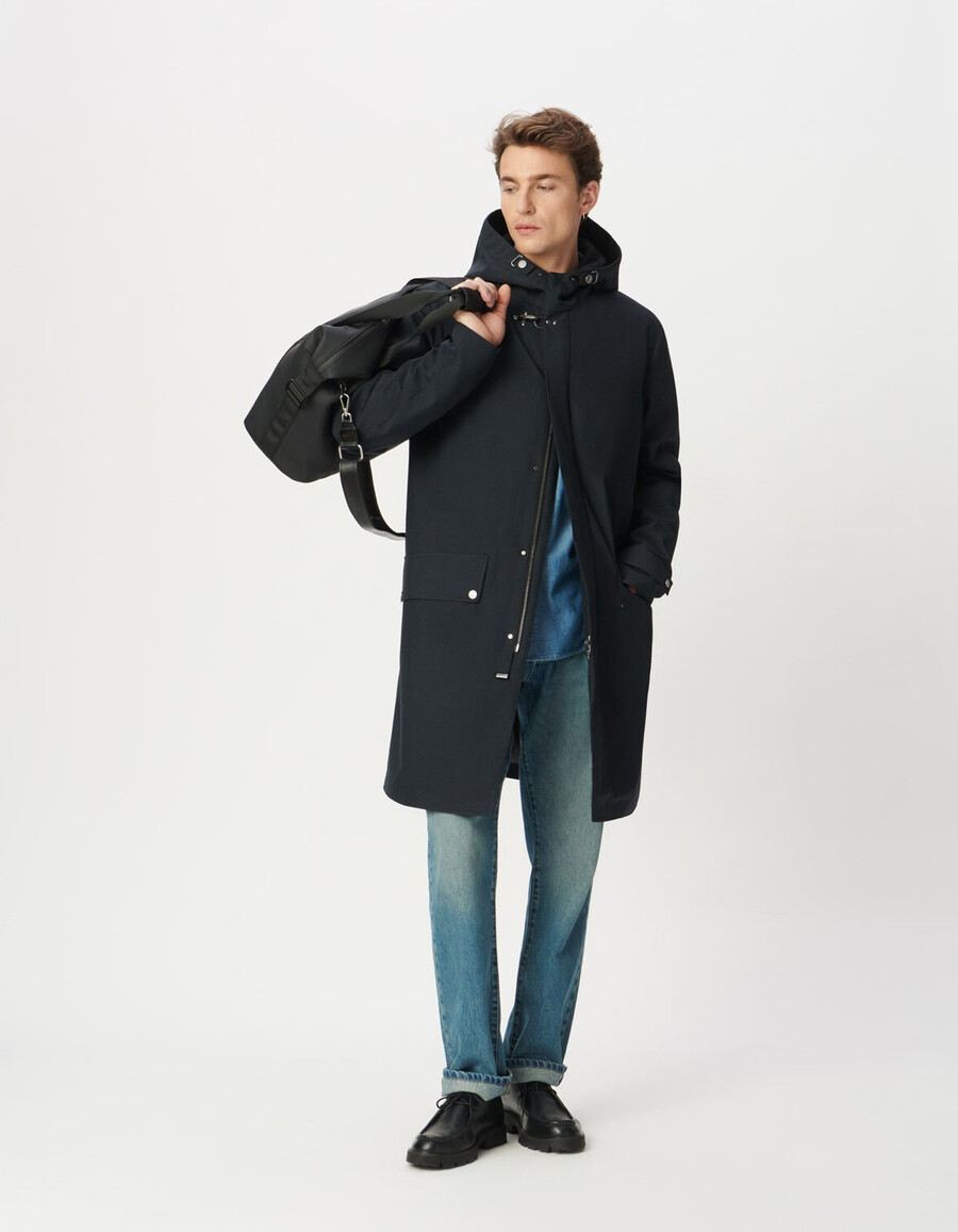 parka con capucha de longitud media azul marino para hombre