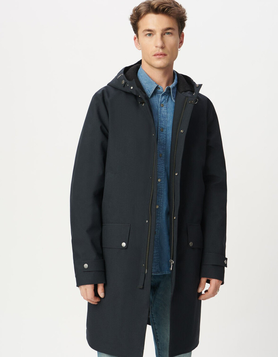 parka con capucha de longitud media azul marino para hombre