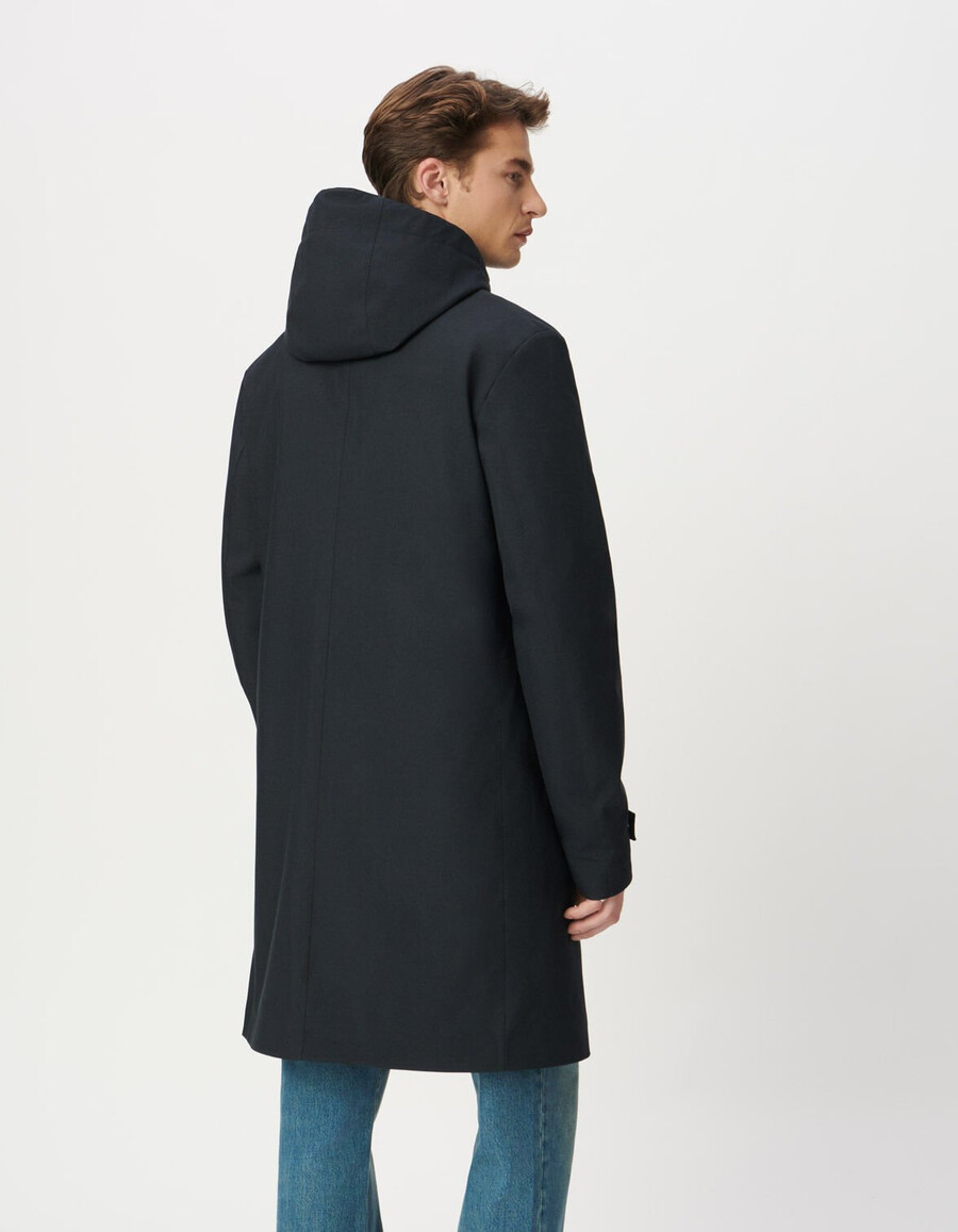 parka con capucha de longitud media azul marino para hombre