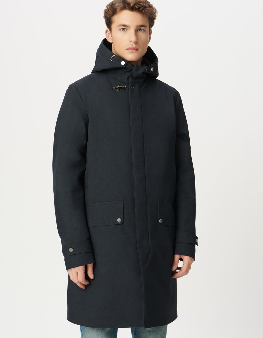 parka con capucha de longitud media azul marino para hombre