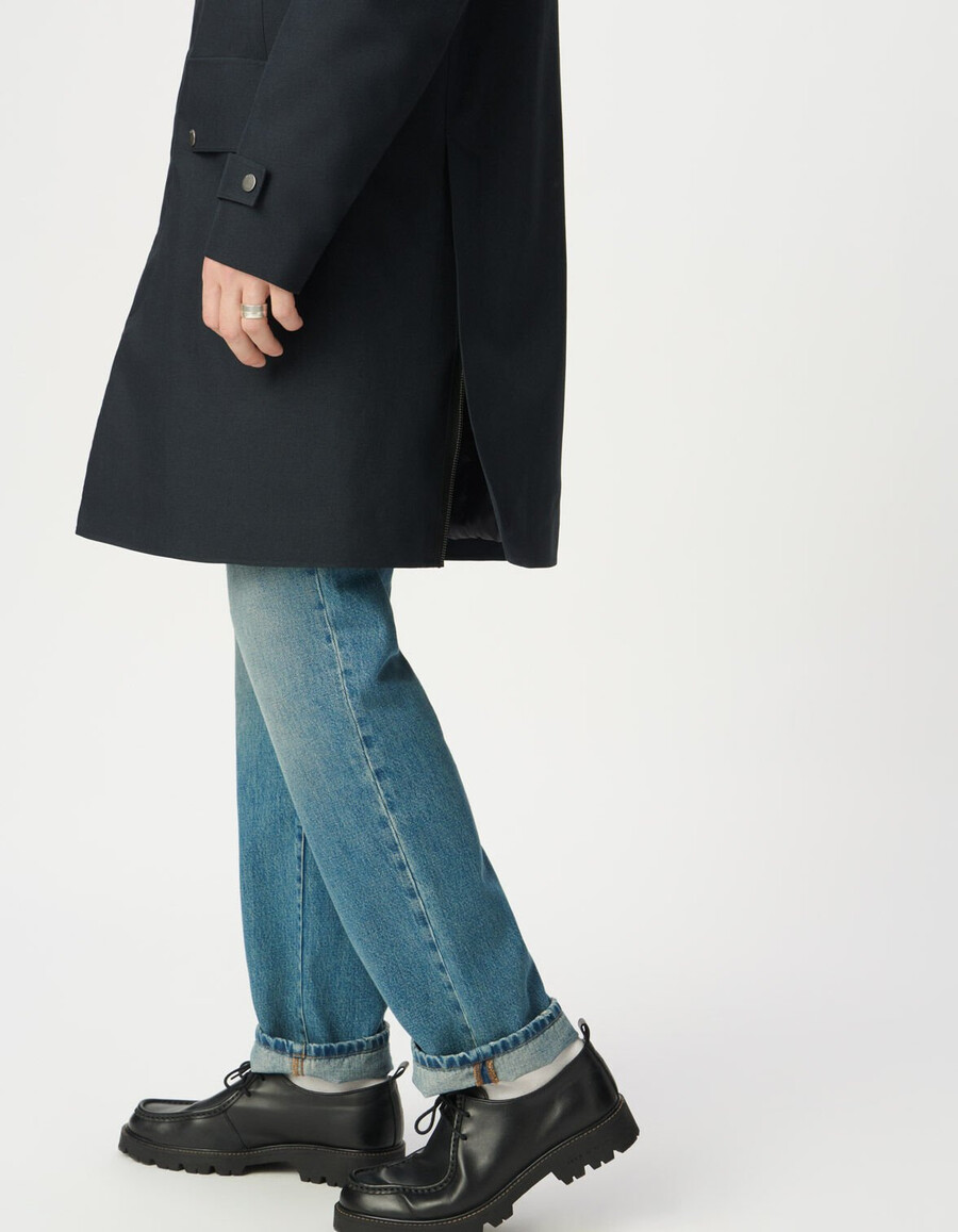 parka con capucha de longitud media azul marino para hombre