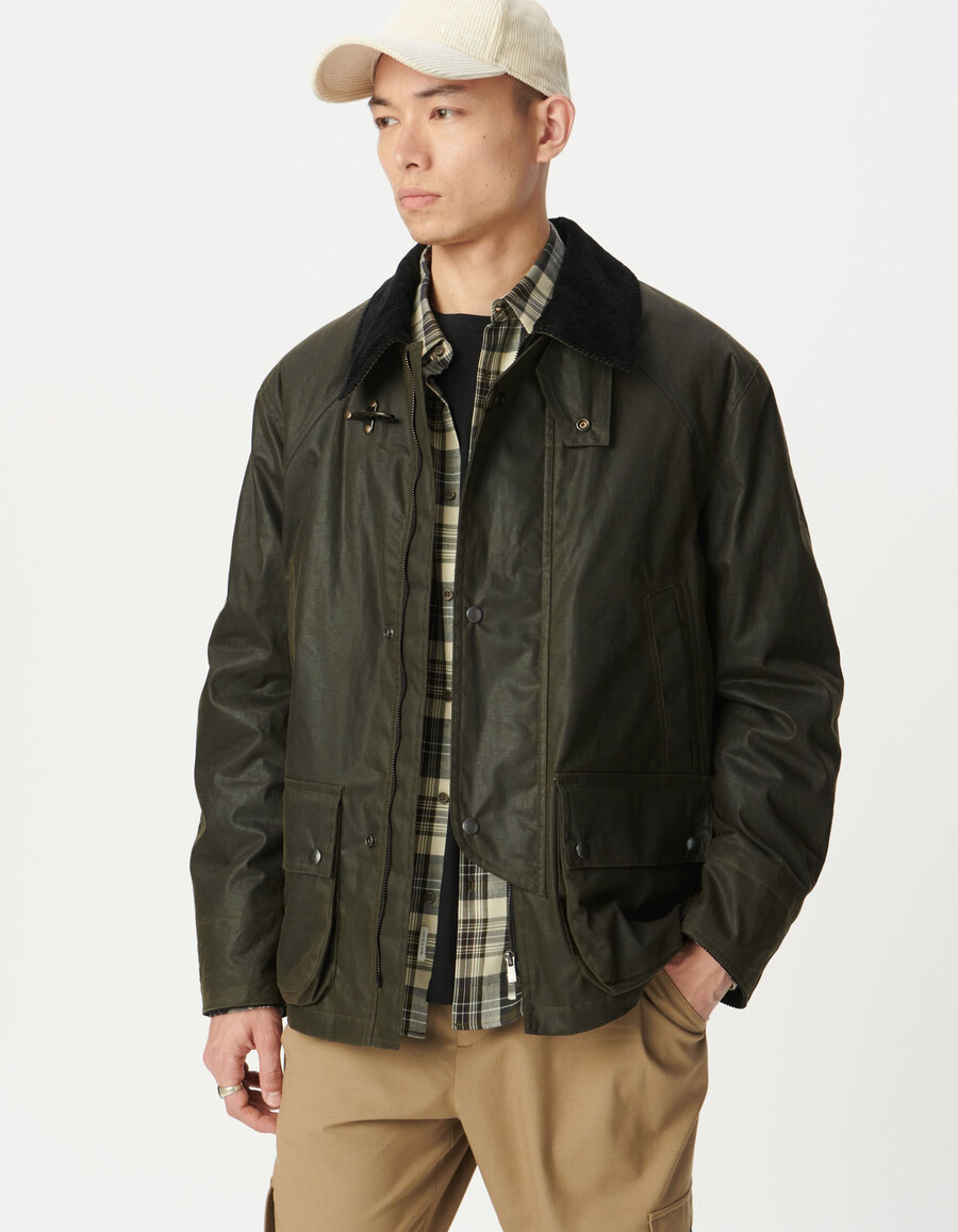 parka de tela encerada con múltiples bolsillos para hombre