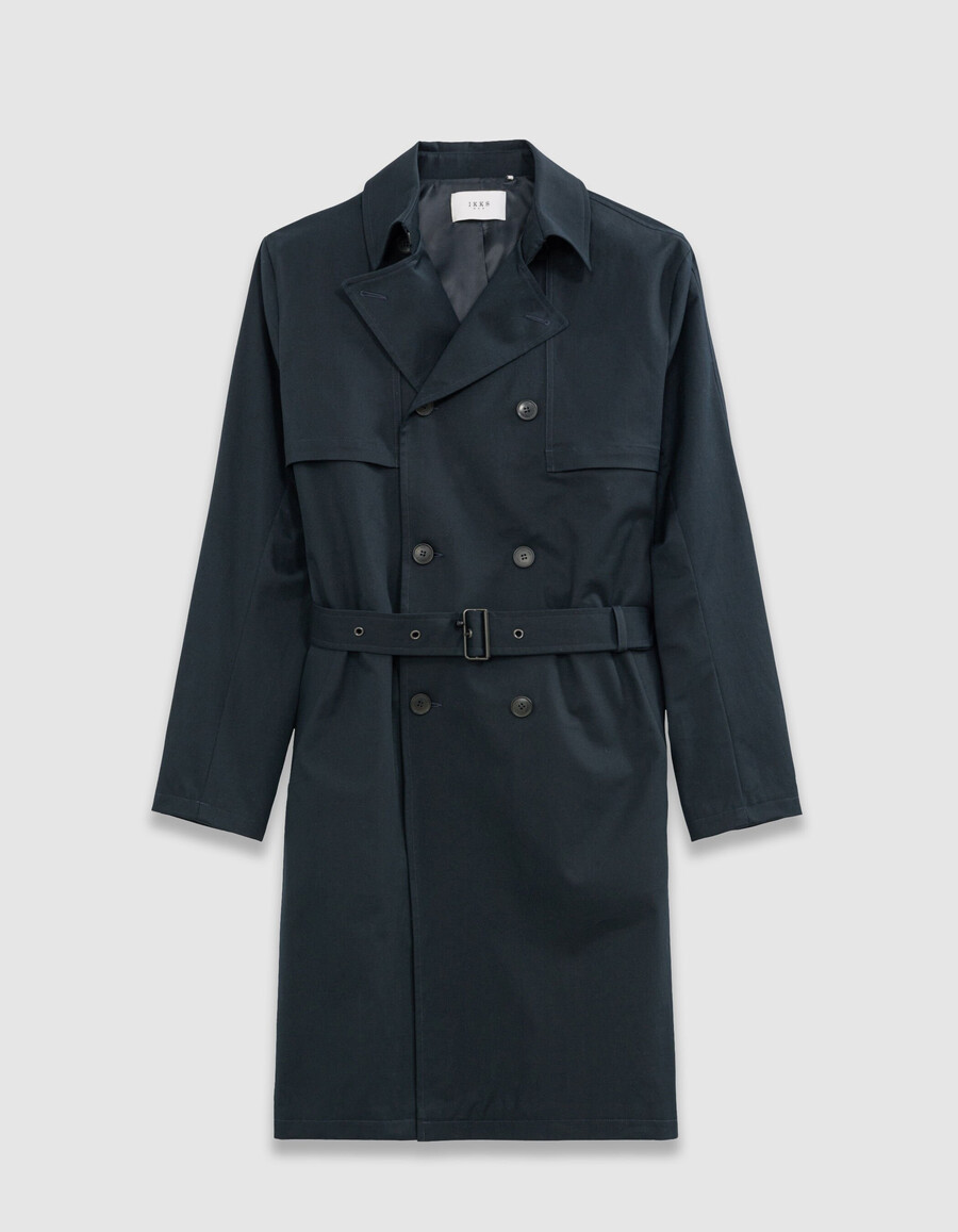 gabardina larga azul marino con cinturón para hombre