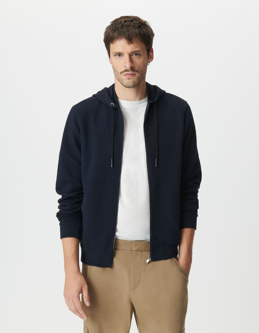 cárdigan con capucha de punto otomano de algodón azul marino para hombre
