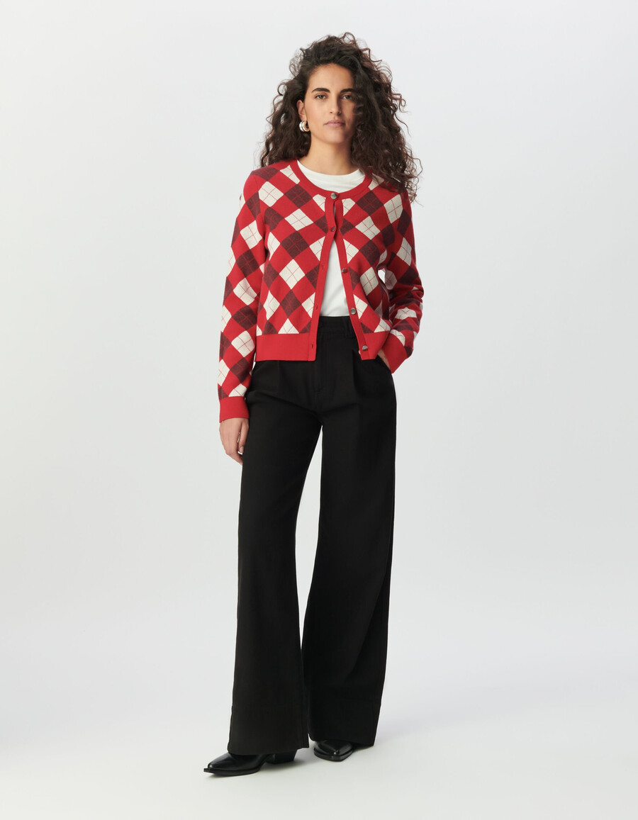 cárdigan de punto jacquard con rombos rojos para mujer