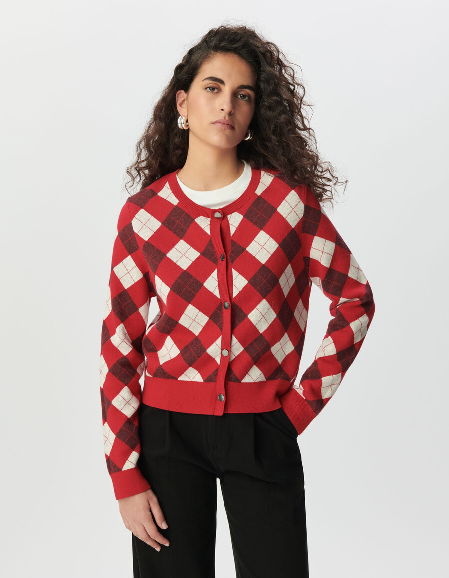 cárdigan de punto jacquard con rombos rojos para mujer