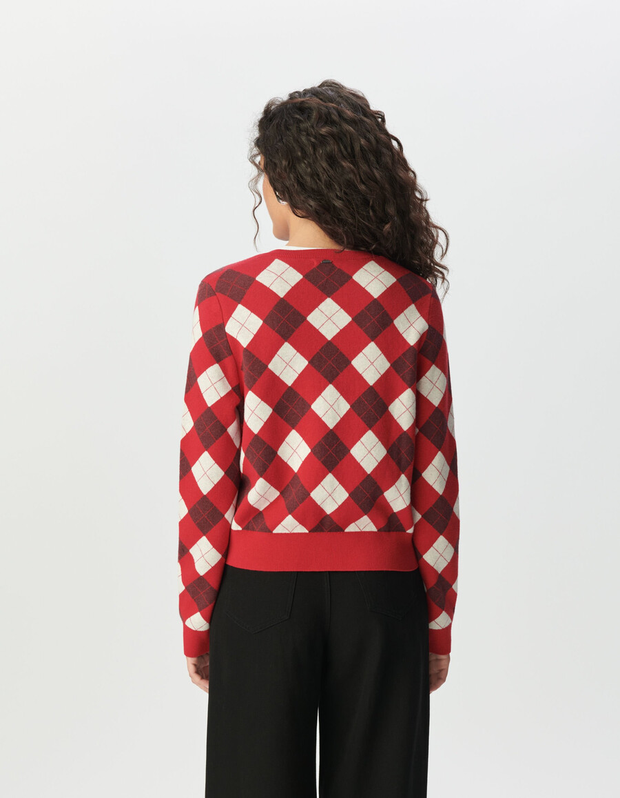 cárdigan de punto jacquard con rombos rojos para mujer