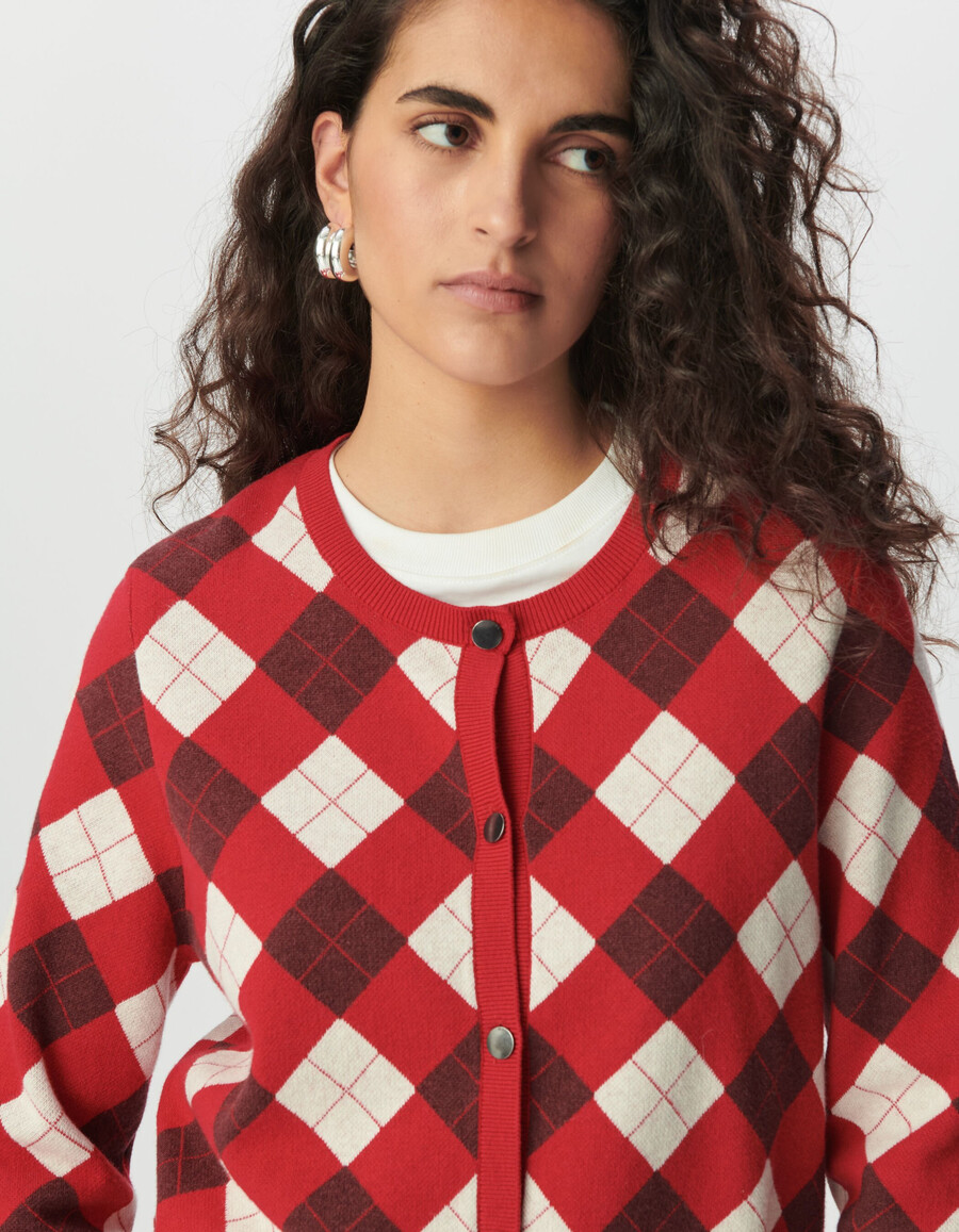 cárdigan de punto jacquard con rombos rojos para mujer