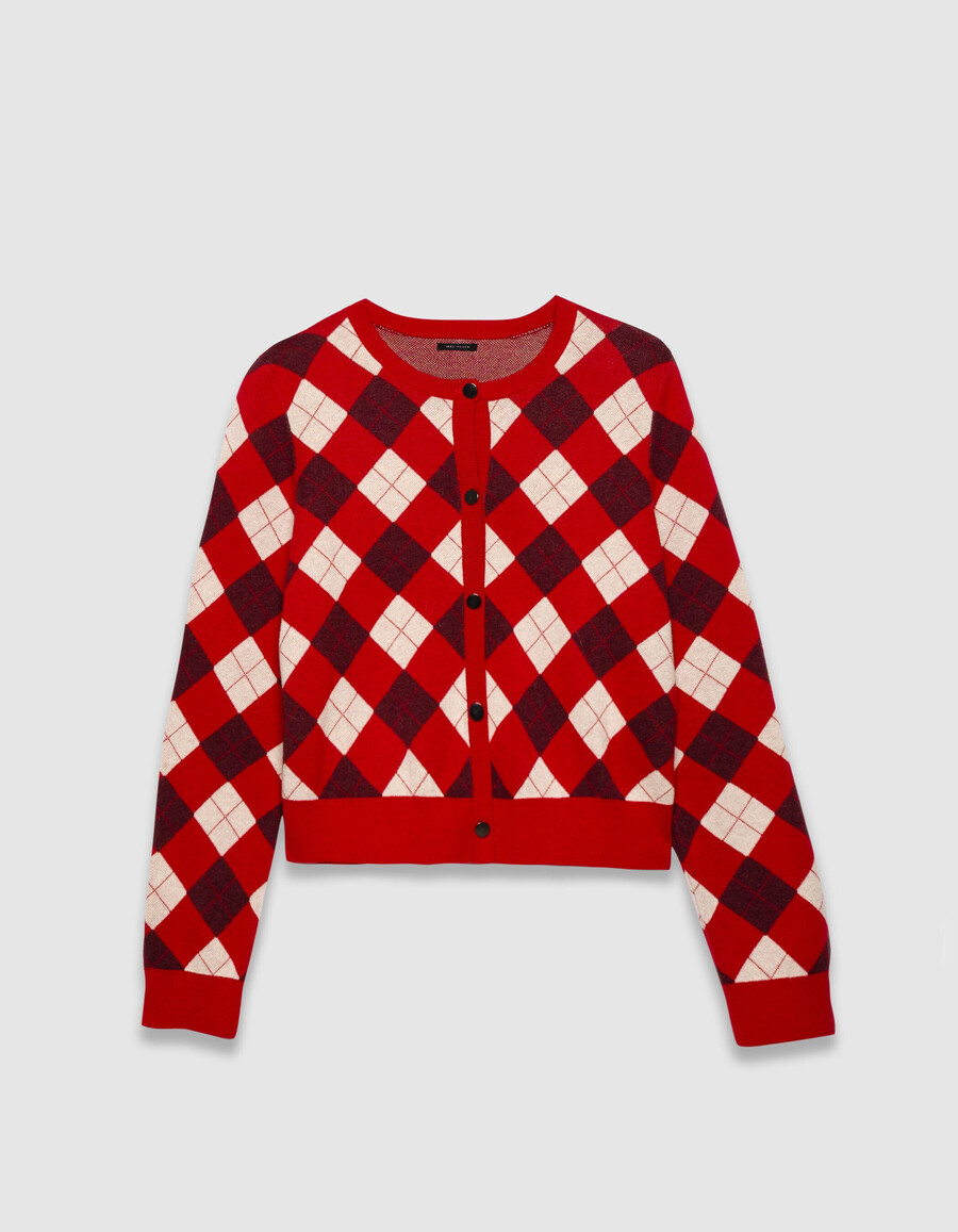 cárdigan de punto jacquard con rombos rojos para mujer
