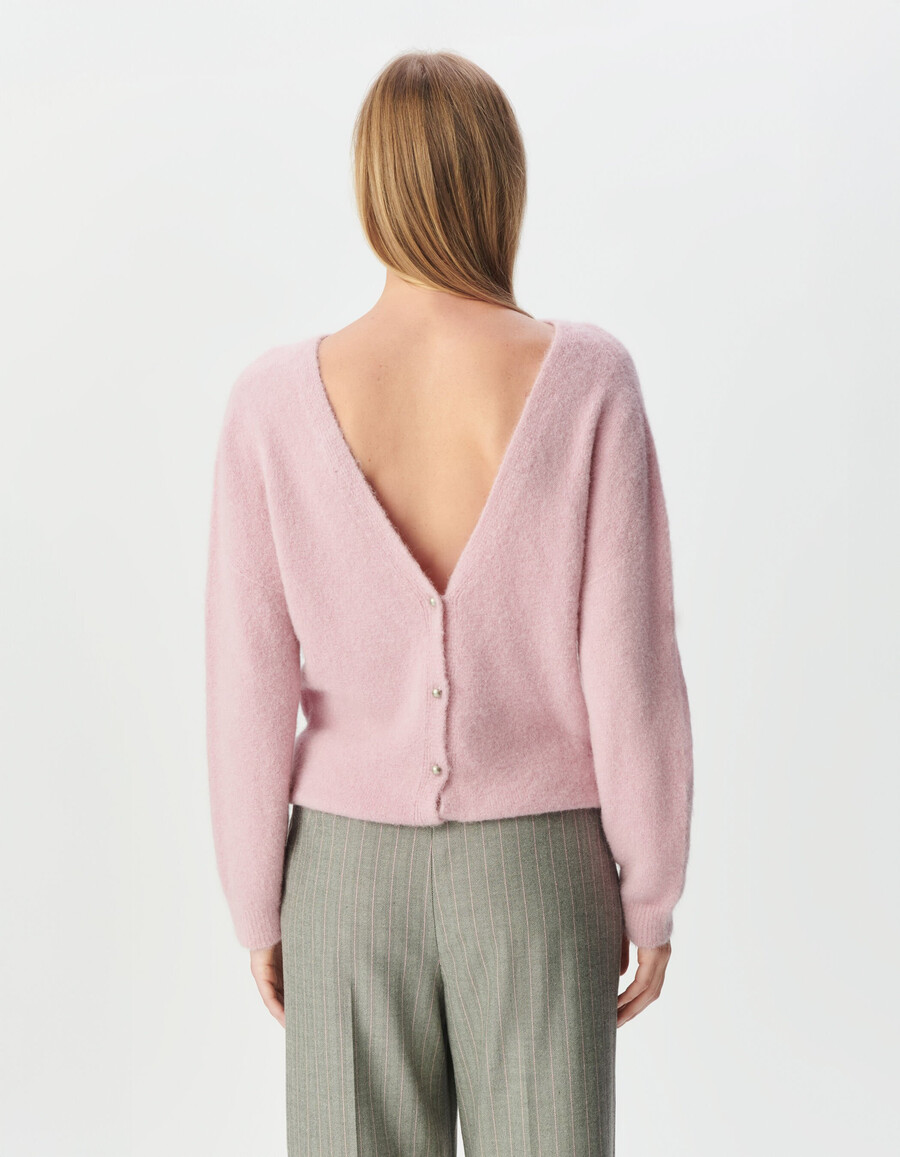cárdigan reversible de punto fino rosa para mujer con espalda y frente